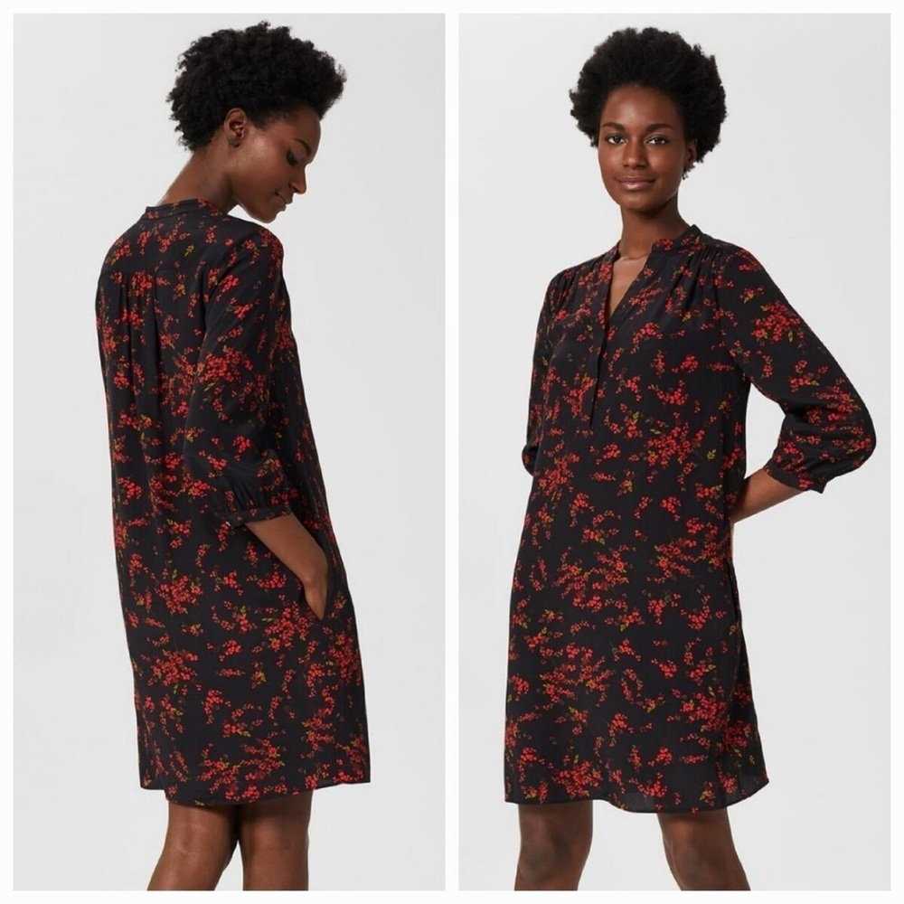 Hobbs New Size 2 Black Red Katarina Floral Berry Tunic Dress Pockets 3/4 Sleeves